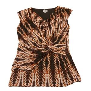 Vtg Y2K Women's Patterned Sleeveless Top Rouched Black/Brown PS Fairy Grunge